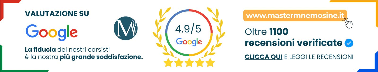 Recensioni google operato mastermnemosine.it master mnemosine un banner in colori chiari per indicare l'affidabilità dei servizi offerti da mastermnemosine.it con punteggio delle recensioni altissime pari a quasi 5 stelle